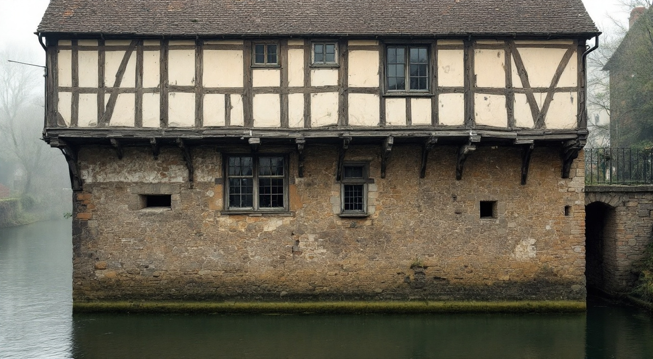 Arrière d'une maison à pans de bois surplombant un bras d'eau, maçonnerie de moellon et sablière basse au-dessus du niveau de la rivière