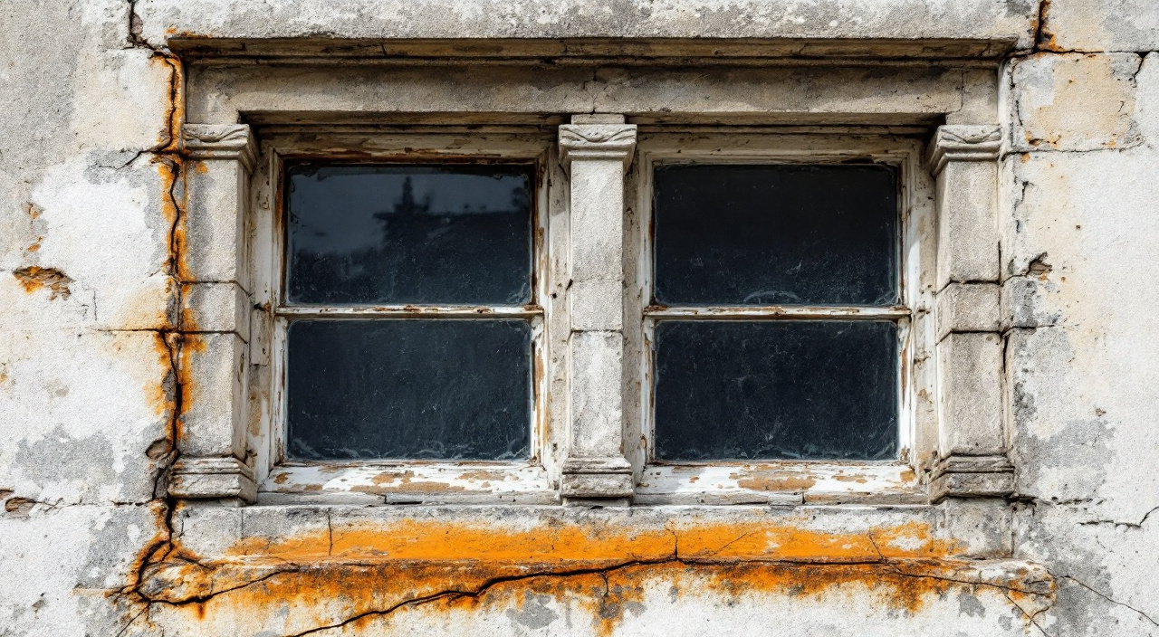 Croisée de pierre d'une maison ancienne : meneau et traverse divisant la baie, coulure de rouille au droit d'une ferrure