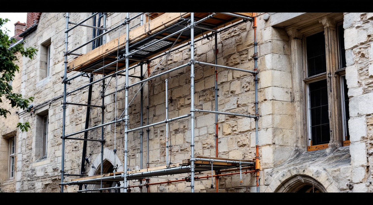 Échafaudage monté contre un mur ancien en pierre, pieds calés sur madriers et ancrage dans un joint de chaux