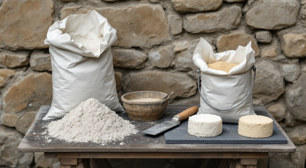 Sur une planche de gâchage, un sac de mortier prêt à gâcher d'un côté, un tas de sable local et un sac de chaux de l'autre, avec deux galettes de mortier étalées pour comparaison