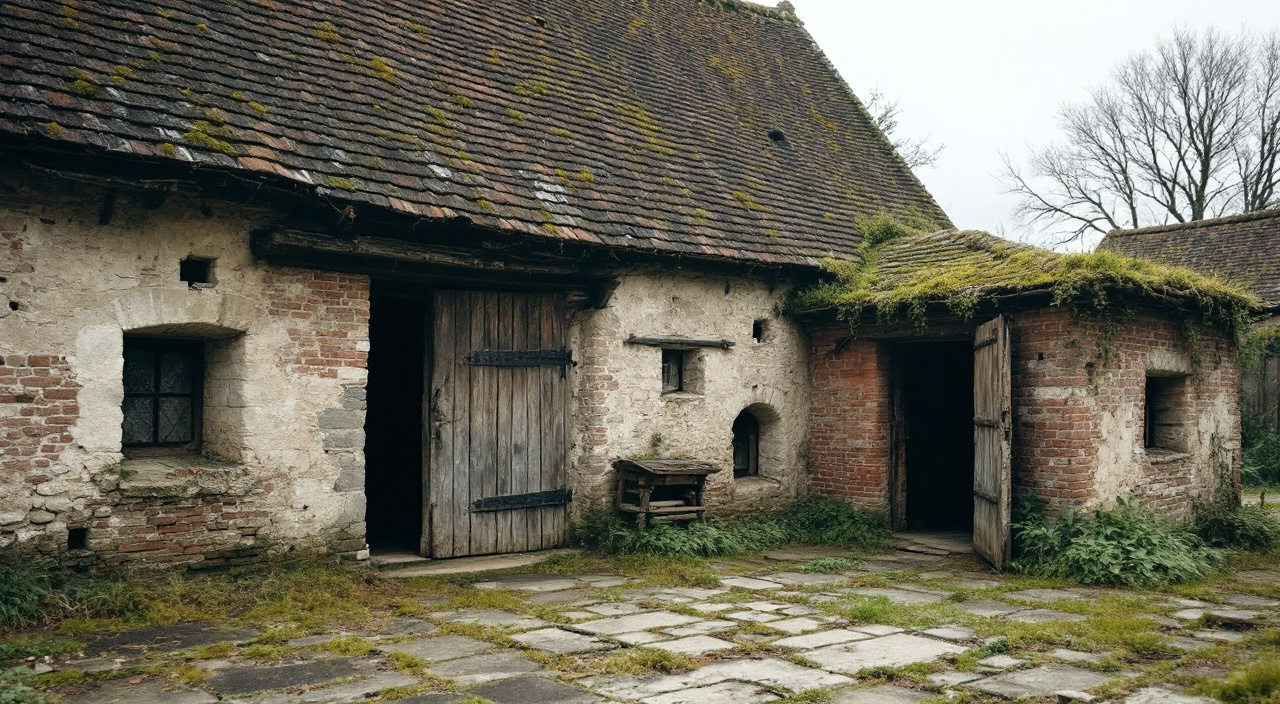 Cour de ferme normande avec un fournil en brique au toit affaissé et une ancienne écurie en silex et brique aux joints dégradés.