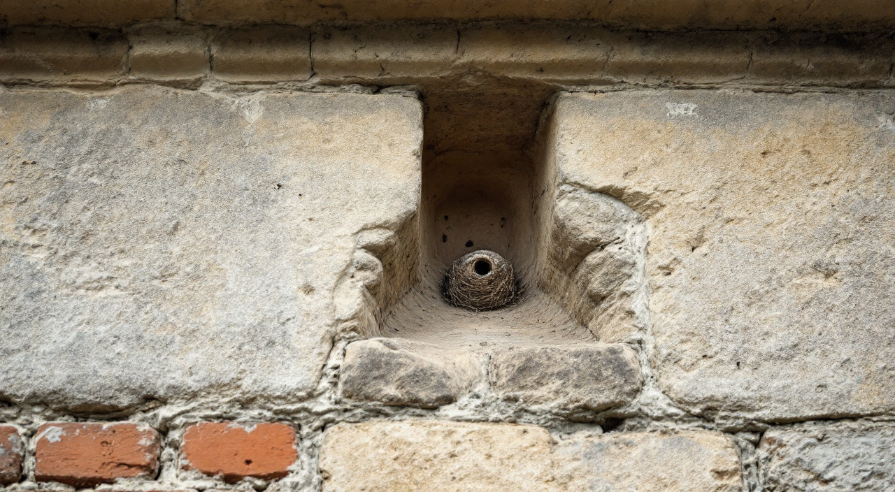 Haut d'un mur ancien en calcaire et brique, joints creux, trous de boulin et nid de terre sous la corniche