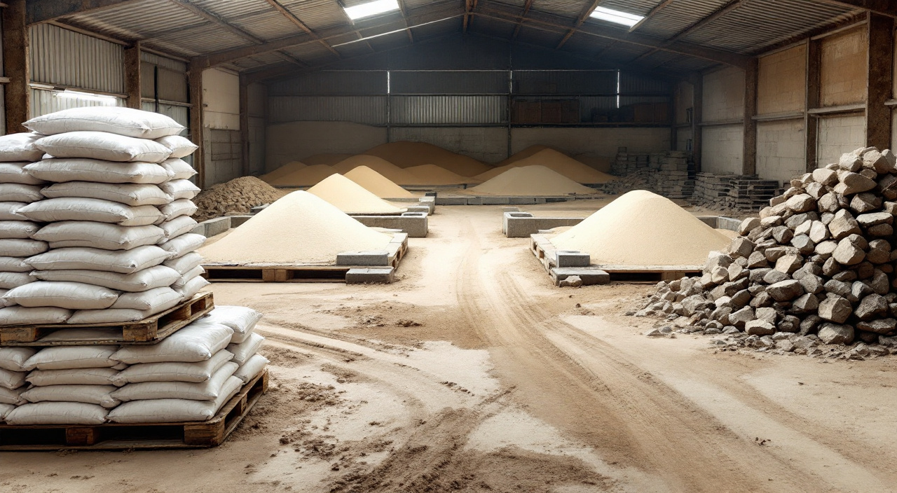 Cour d'un dépôt de matériaux avec sacs de chaux sur palettes, cases de sables de teintes différentes et tas de moellons calcaires
