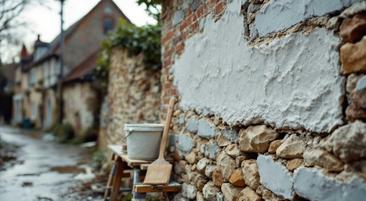 Mur ancien en silex et calcaire en cours de rejointoiement à la chaux, une toile de jute humide protégeant la zone fraîche
