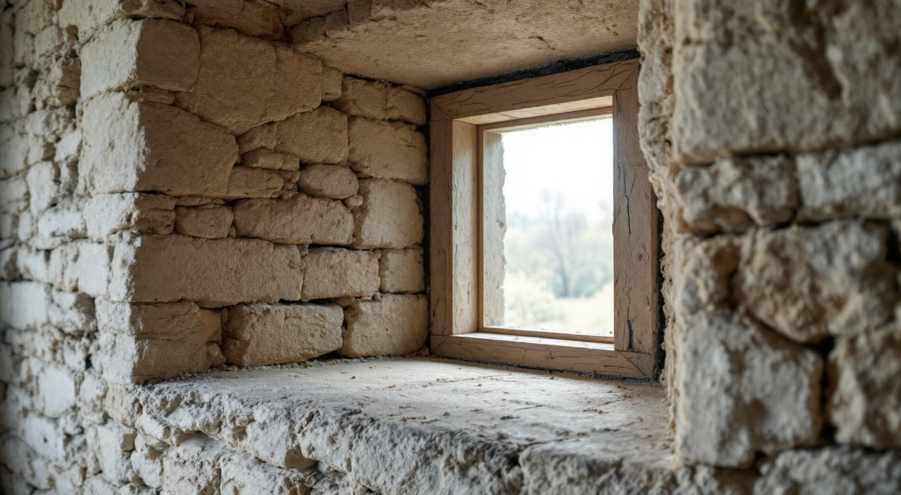 Joint périphérique d'une fenêtre neuve posée dans un tableau de pierre ancien, bourré de fibre de chanvre et fermé au mortier de chaux