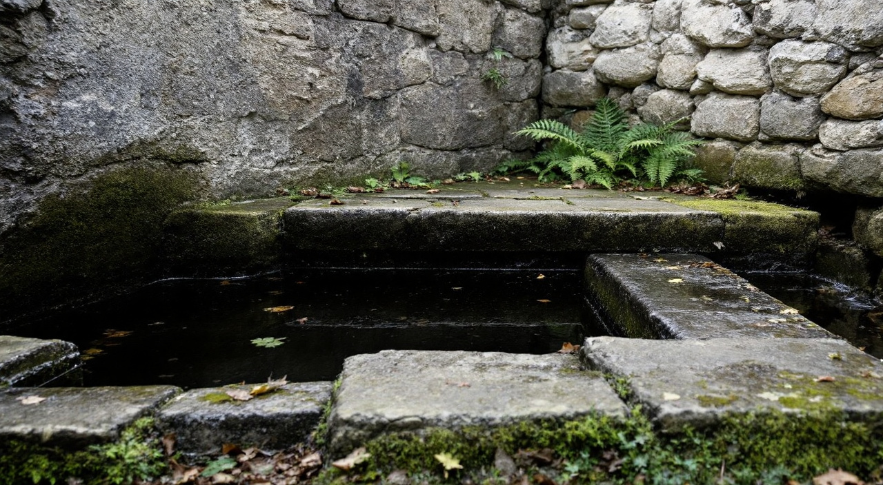 Petit lavoir de pierre alimenté par un canal, avec sa pierre à laver usée, ses margelles couvertes de mousse et des feuilles accumulées au trop-plein