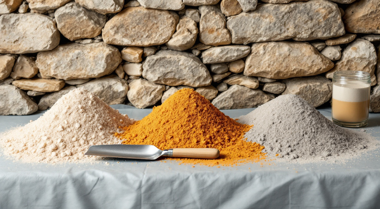 Trois tas de sables différents posés côte à côte devant un mur de moellons, avec un bocal de décantation et une truelle