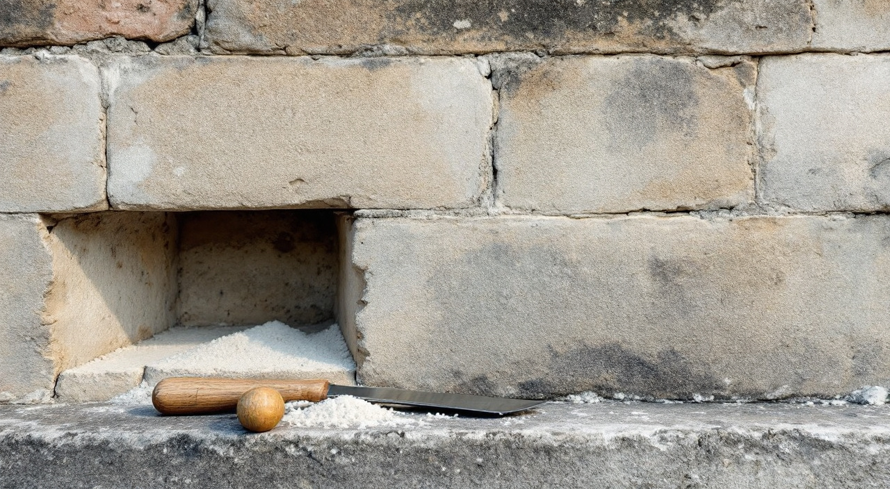 Éclat taillé en contre-dépouille dans un bloc de calcaire d'un mur ancien, prêt à recevoir un mortier de restauration
