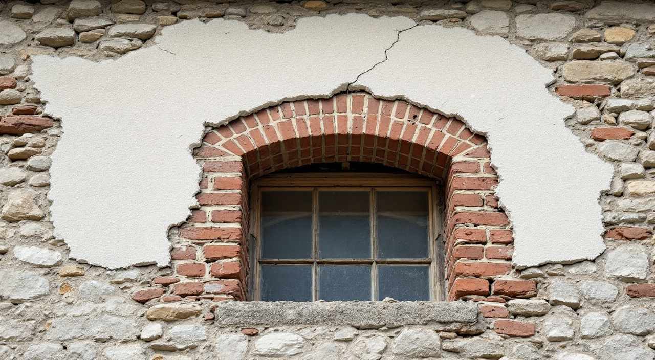 Arc de décharge en brique dégagé sous l'enduit au-dessus d'une fenêtre, dans un mur de moellons et de silex.