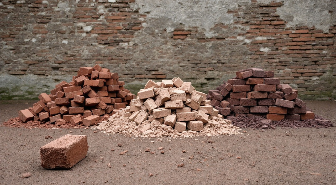 Trois piles de briques anciennes de récupération triées par cuisson devant un mur de brique hourdé à la chaux