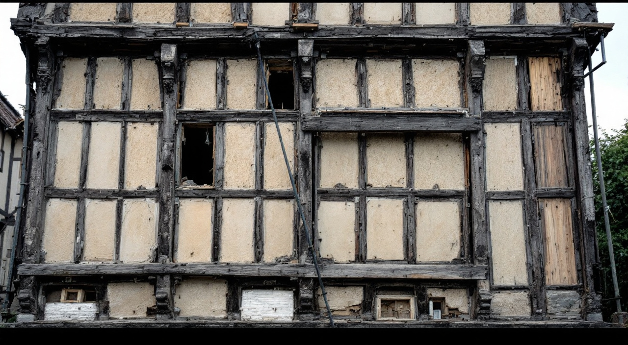 Façade à pans de bois désaxée, étayée par des étais et une moise horizontale, un panneau ouvert laissant voir les assemblages