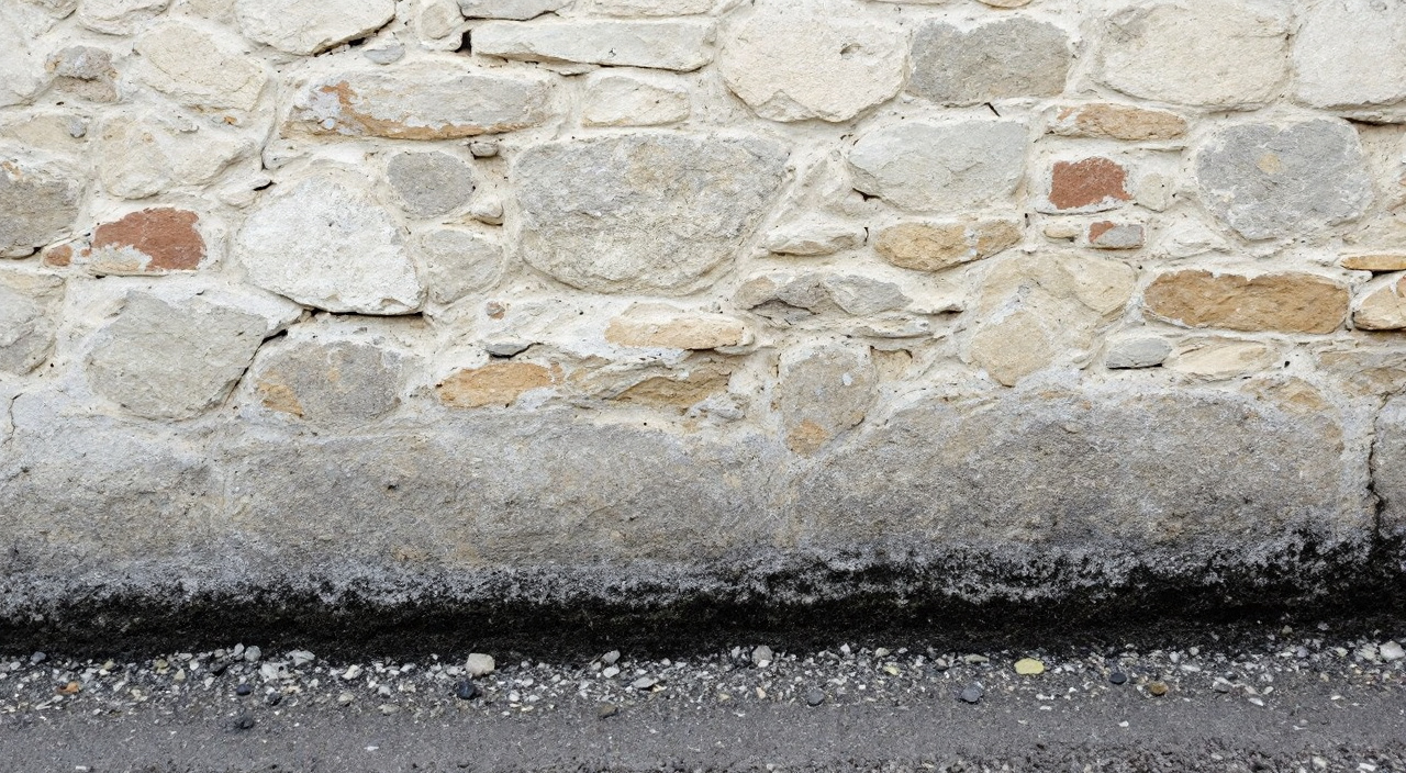 Pied d'un mur ancien en moellons avec bande humide, efflorescences blanches et enduit ciment décollé