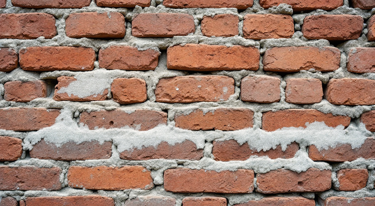 Briques anciennes desquamées et joints en saillie en pied de mur