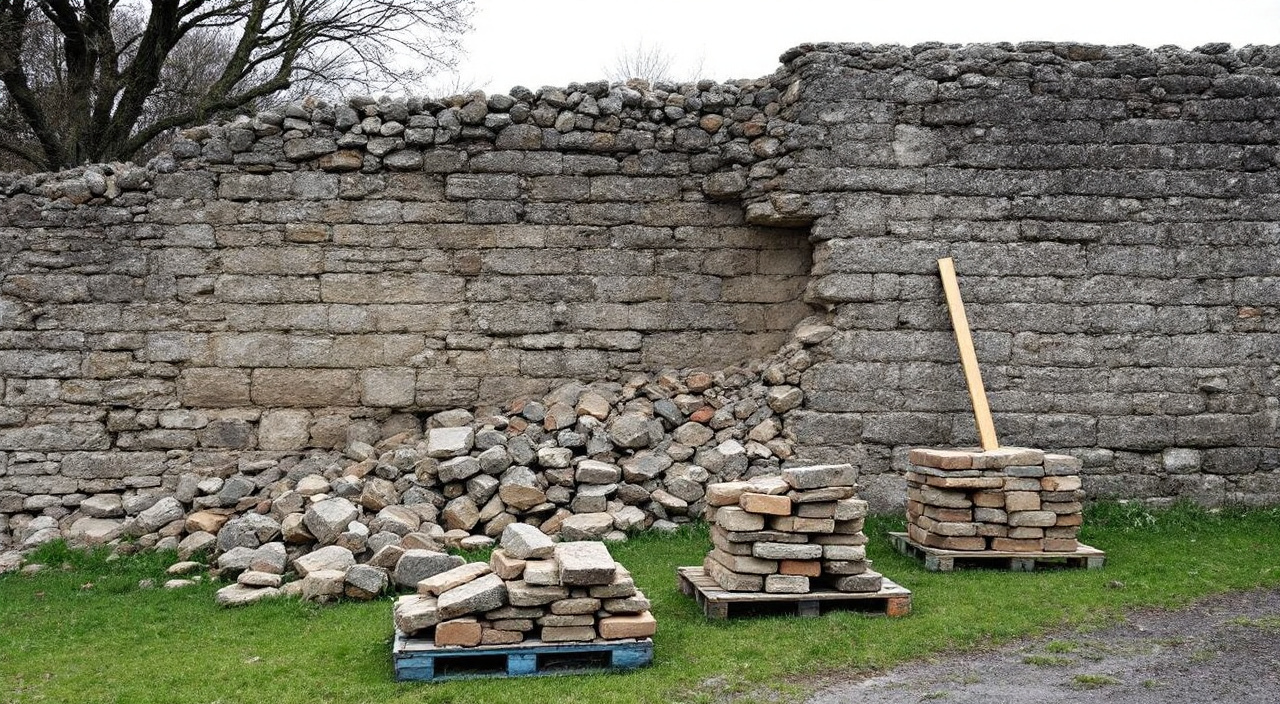 Portion effondrée d'un mur de clôture en pierre calcaire, pierres au sol et tas de tri sur palettes devant la partie restée debout