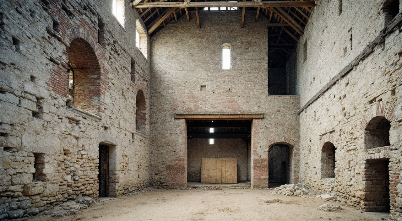 Intérieur d'une grange en moellons hourdés à la terre, grande baie charretière et charpente apparente