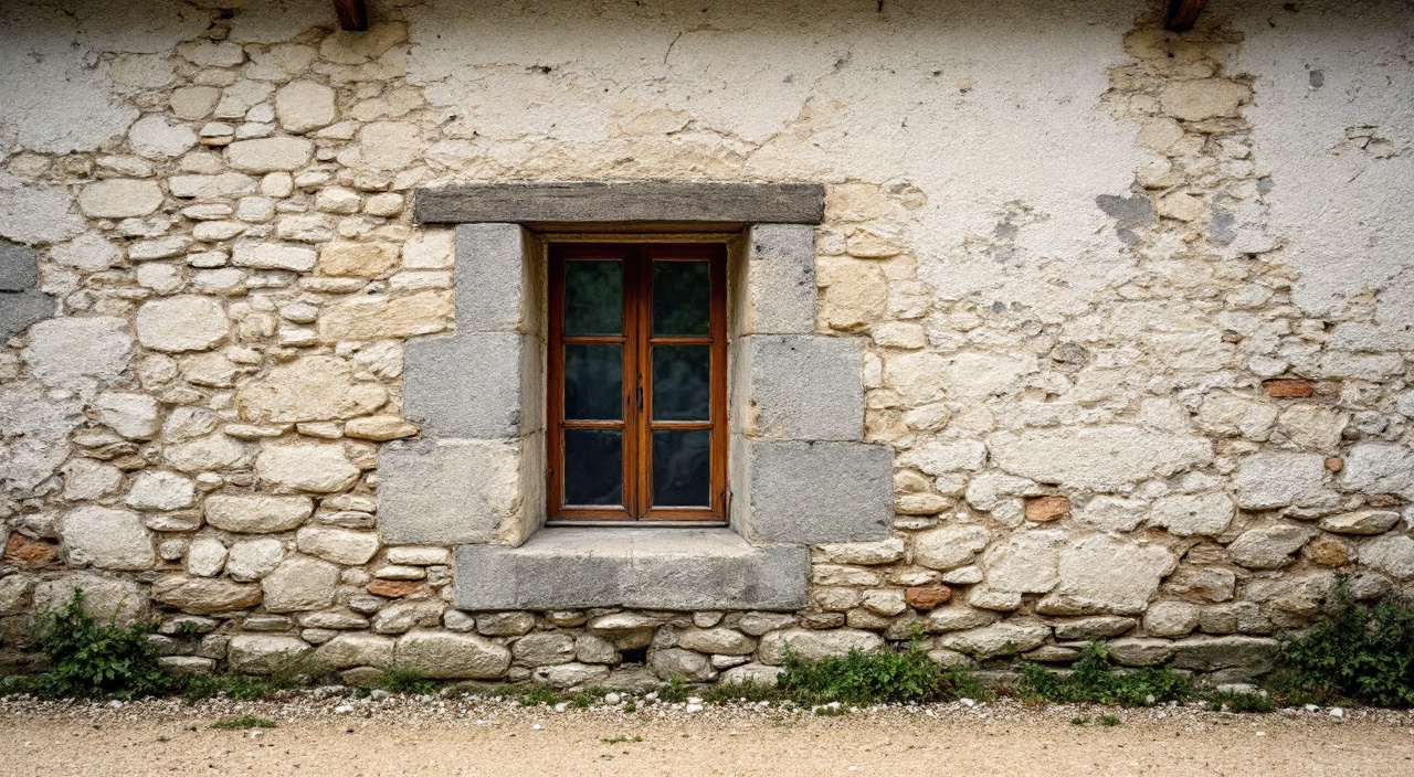 Façade de maison ancienne en moellons, enduit à la chaux usé et zone rejointoyée au ciment avec pierres creusées