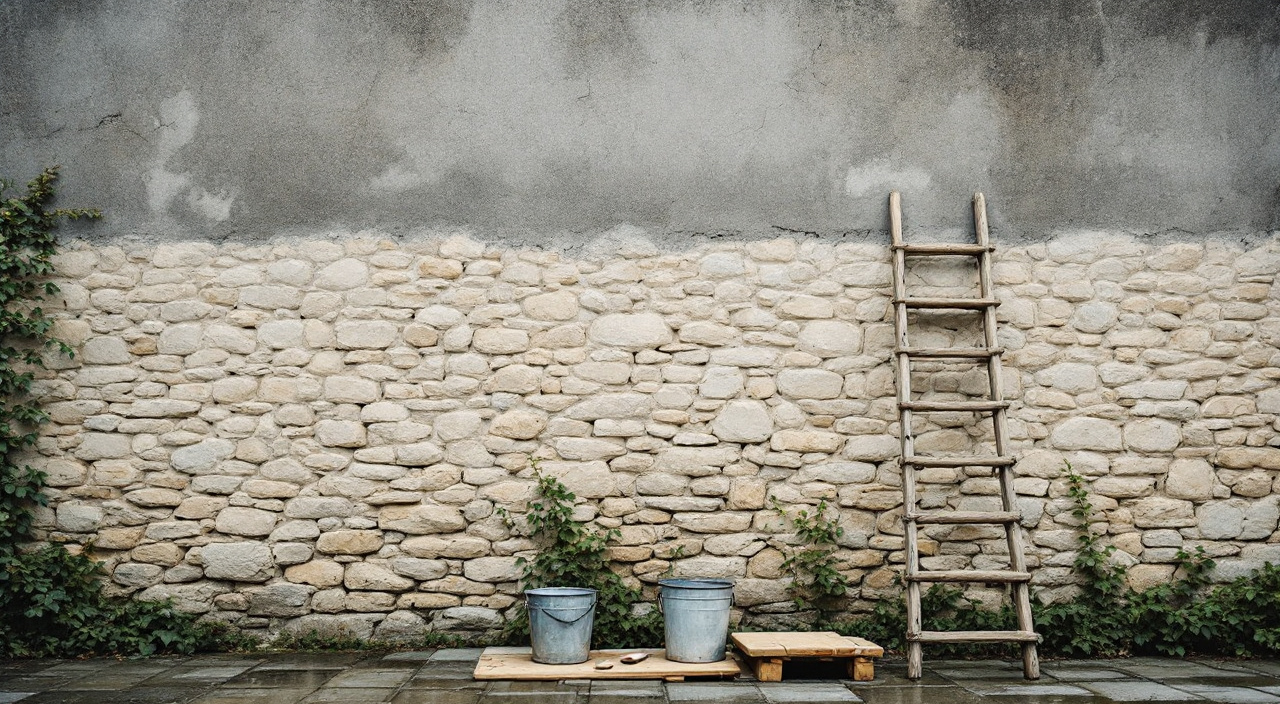 Mur en pierre ancien en cours de restauration : enduit ciment en haut, pierre nue au centre, joints de chaux neufs en bas