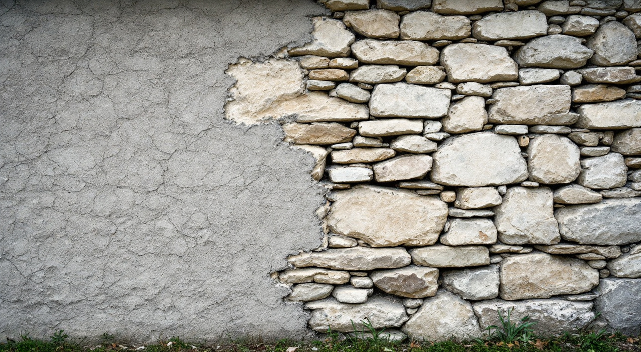 Mur ancien en moellons à demi décapé, ciment craquelé d'un côté, pierre et joints à nu de l'autre