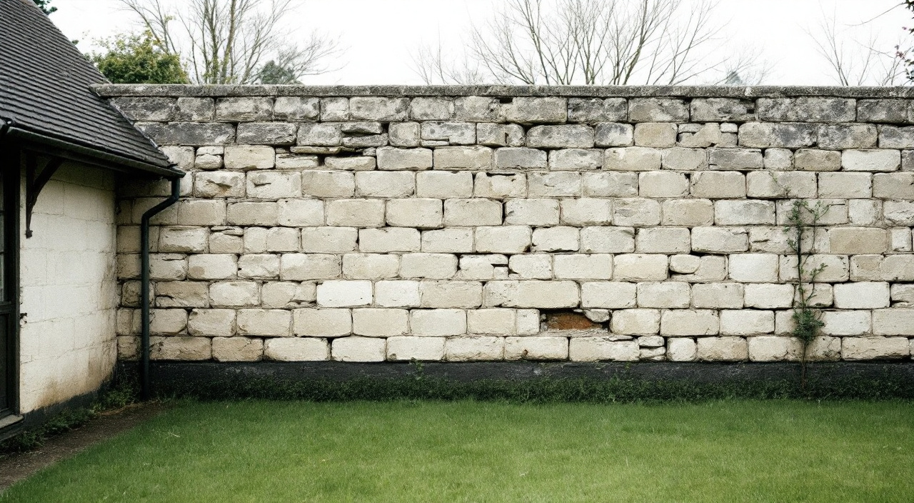 Vieux mur de moellons calcaires en fond de jardin pavillonnaire, joints creusés et chaperon partiellement manquant