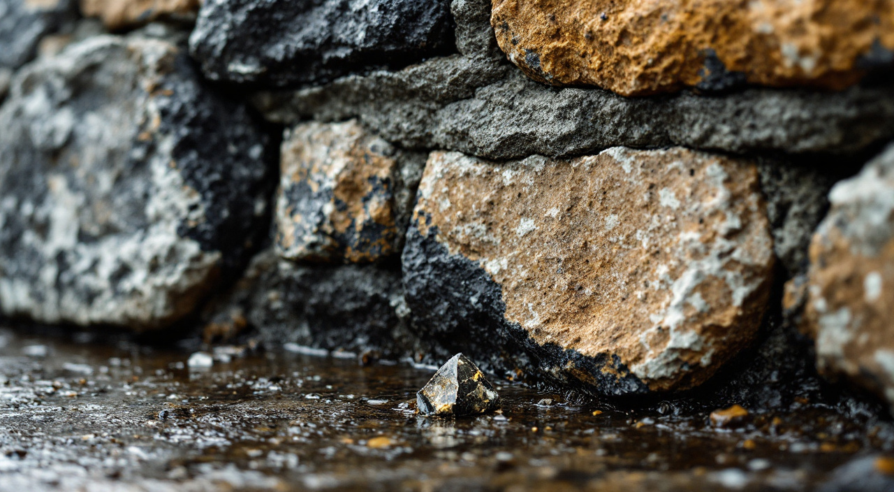 Détail d'un mur de moellons où des blocs de scorie vitreuse noire alternent avec du silex et du grison, joints de chaux gris foncé