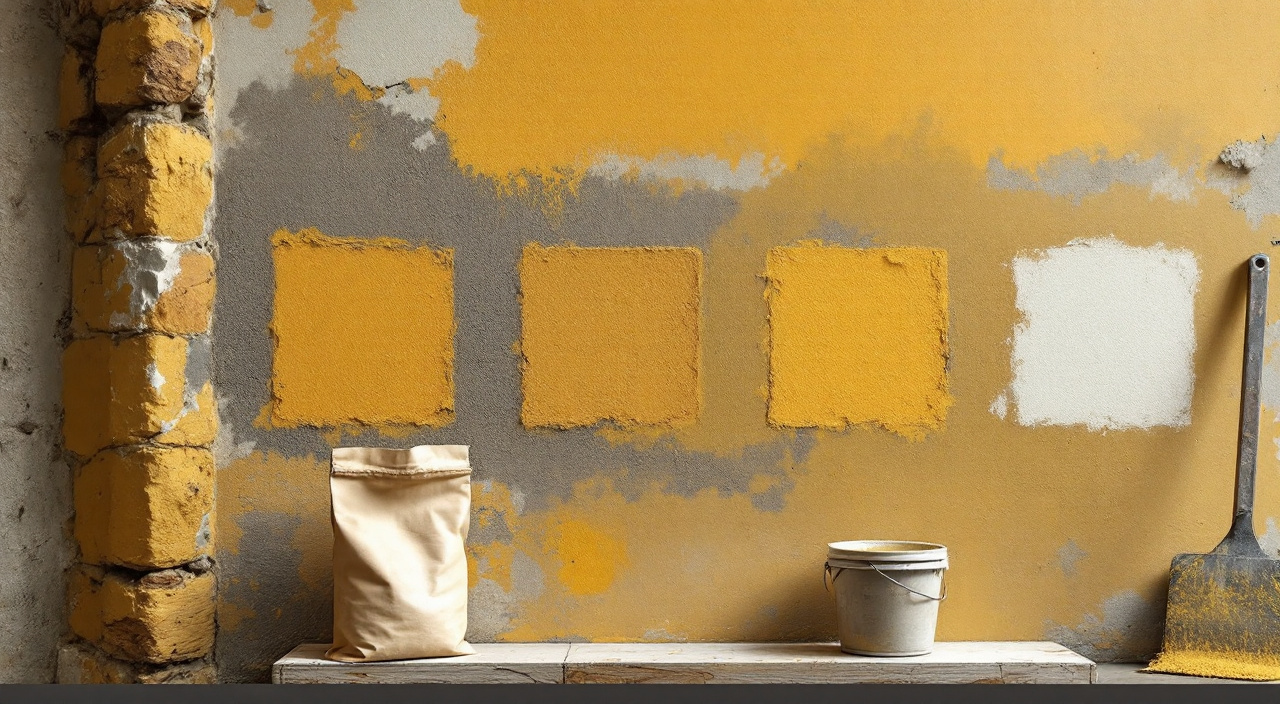 Série de carrés d'essai d'enduit à la chaux teintés à l'ocre, appliqués côte à côte sur un mur ancien, avec un sac de pigment et un seau de barbotine au sol