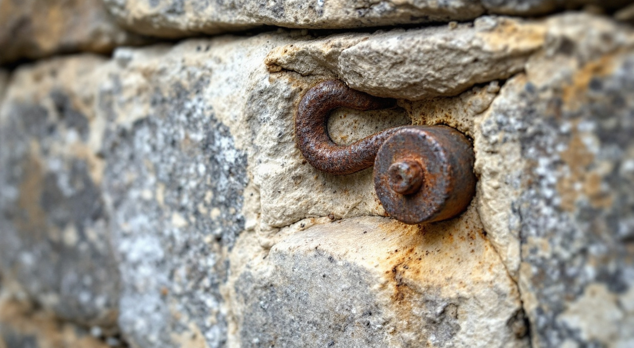 Clé d'ancrage en fer forgé en forme de S plaquée contre un mur ancien de moellons, avec coulure de rouille sur le joint de chaux