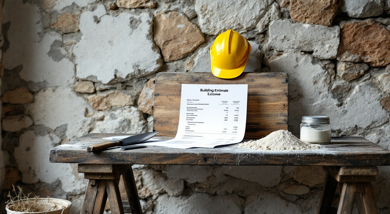 Devis posé sur une table de chantier près d'une truelle et d'un tas de mortier de chaux, devant un mur ancien en partie décroûté
