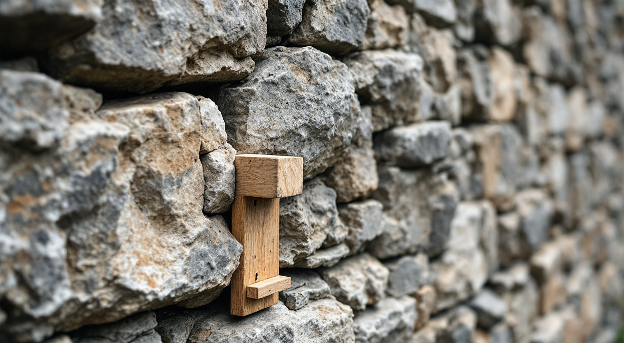 Mur ancien en moellons bombé à mi-hauteur, une règle de maçon posée verticalement contre le parement et un fil à plomb descendu depuis la tête du mur.