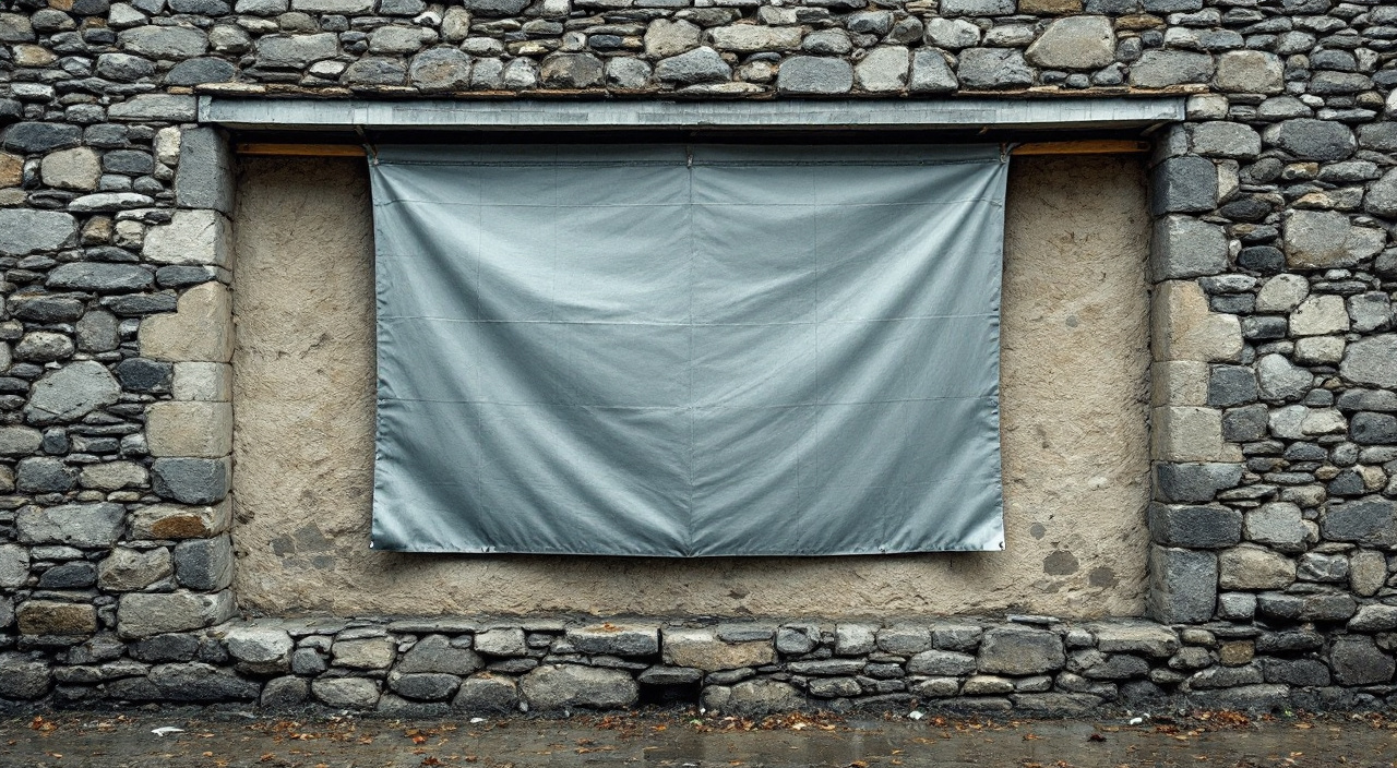 Mur ancien en pierre décroûté, protégé par une bâche tendue à distance du parement et un chapeau de zinc provisoire en tête
