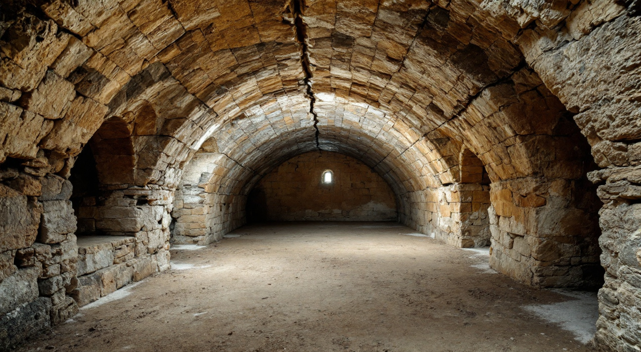Cave ancienne voûtée en berceau de pierre calcaire, fissure fine courant dans l'axe de la clé, sol en terre battue et soupirail au fond