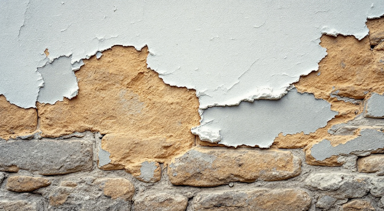 Film de peinture cloqué et écaillé sur un mur ancien en pierre calcaire, laissant voir la pierre nue