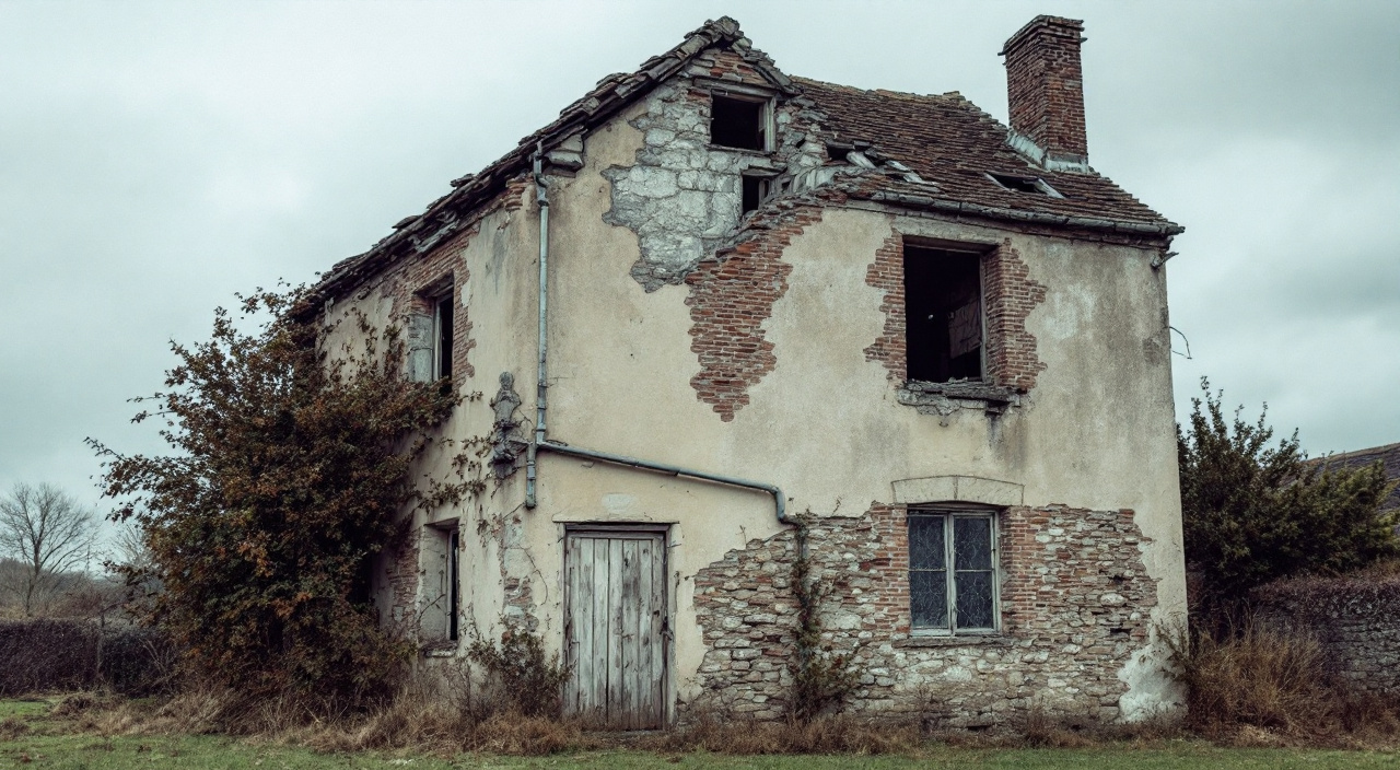 Maison ancienne abandonnée : couverture trouée, tête de mur découverte, descente d'eau détachée et végétation en pied