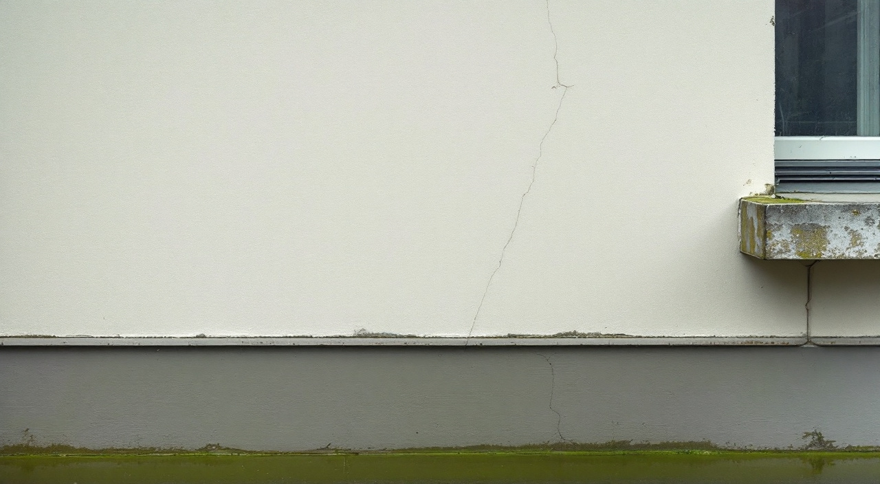 Mur pignon d'une maison des années 1970 en bloc béton, enduit gratté beige laissant apparaître le calepinage des parpaings et une fissure en escalier