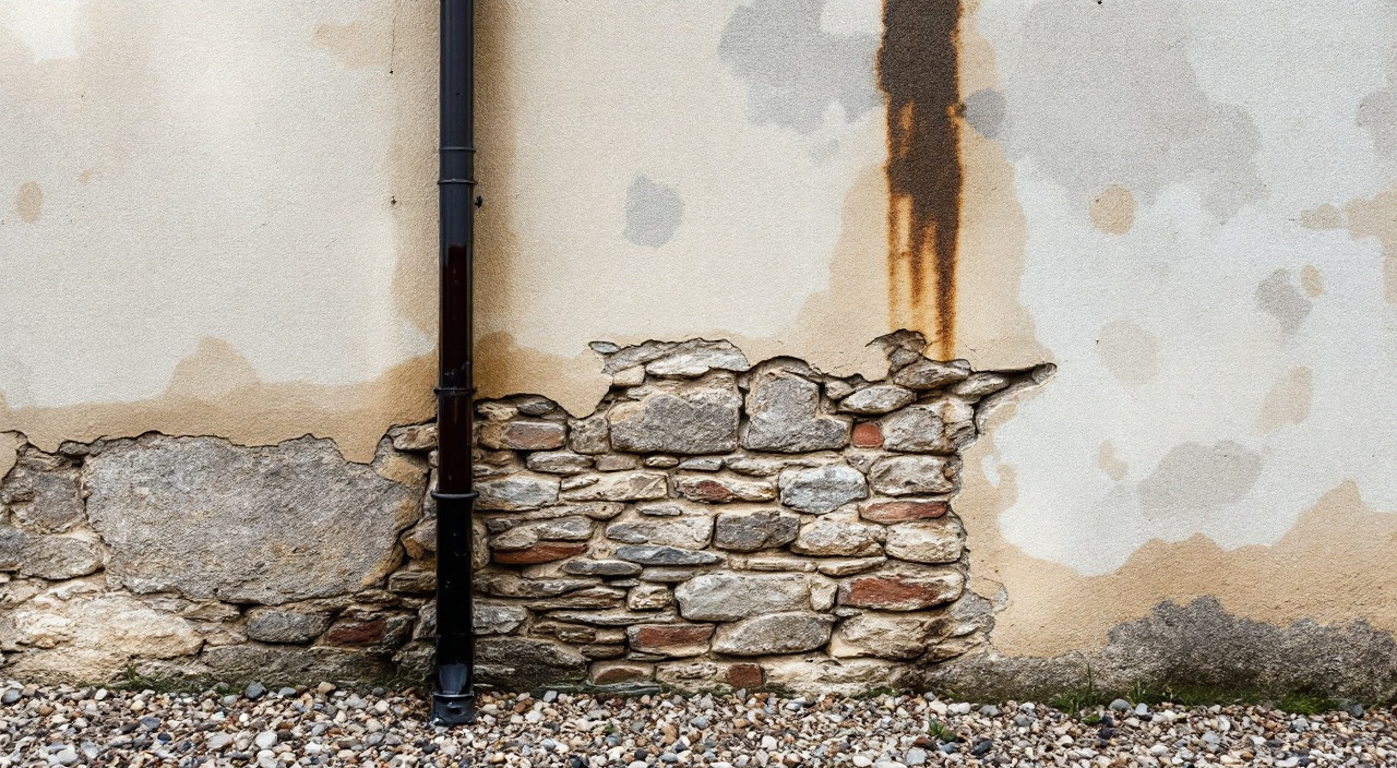 Bas d'une façade ancienne en pierre et silex, enduit à la chaux décollé par plaques, bande sombre d'humidité au ras du sol et coulure verticale près d'une descente d'eau.